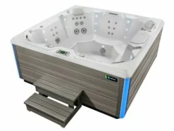 Hot Spring Pulse - 7 Person Hot Tub -HAPPY HOT TUBS Shop hotspring limelight 2019 pulse alpinewhite coastal gray highangle steps